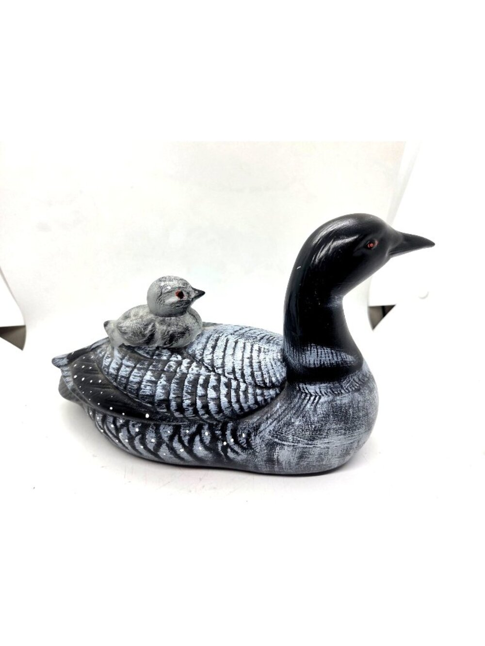 VTG Hand-Painted Ceramic Loon & Baby Figurine - Black Gray Sculpture Wildlife